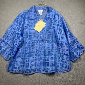 Susan‎ Graver Style Blouse Women 2X NEW Sheer Blue Geometric Burnout Ruched